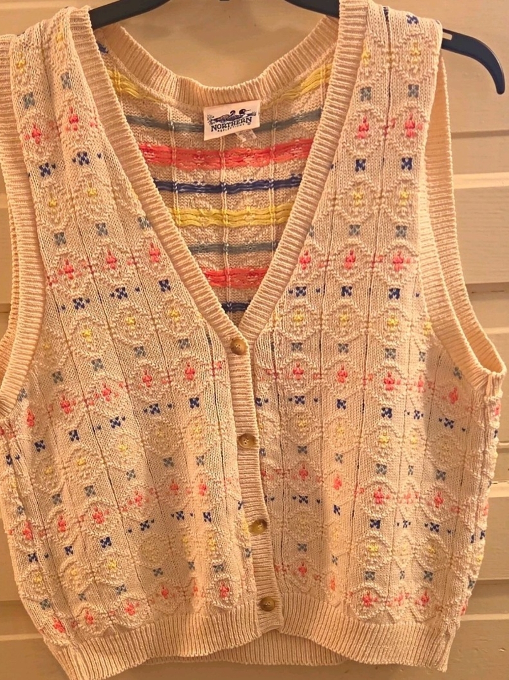 Vintage 90s Northern Reflections Cream Knit Button Vest with Pastel Embroidery